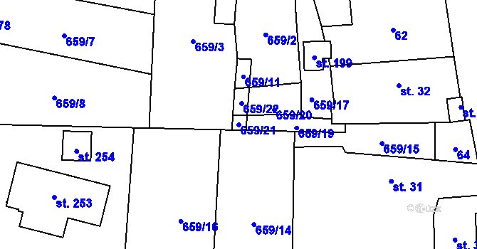 Parcela st. 659/21 v KÚ Boleboř, Katastrální mapa