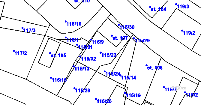 Parcela st. 115/23 v KÚ Boleboř, Katastrální mapa