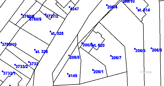 Parcela st. 206/9 v KÚ Boleradice, Katastrální mapa