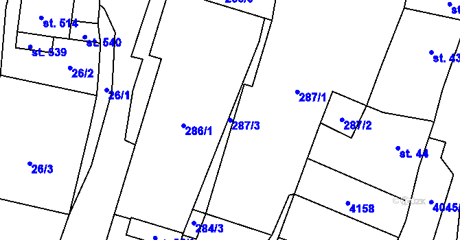 Parcela st. 287/3 v KÚ Boleradice, Katastrální mapa