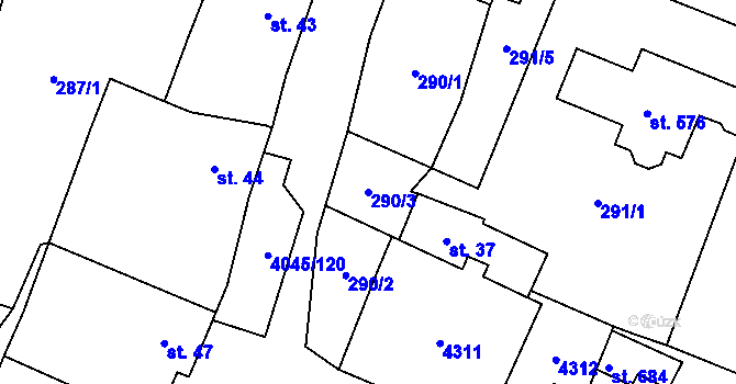 Parcela st. 290/3 v KÚ Boleradice, Katastrální mapa