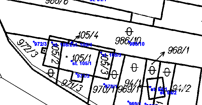 Parcela st. 105/3 v KÚ Bolešiny, Katastrální mapa