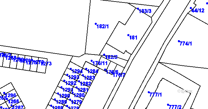 Parcela st. 182/2 v KÚ Boletice nad Labem, Katastrální mapa
