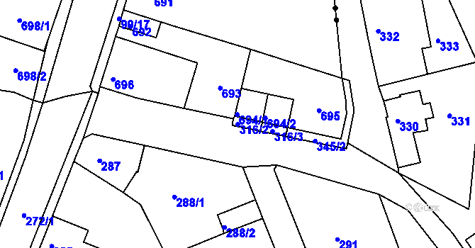 Parcela st. 316/2 v KÚ Boletice nad Labem, Katastrální mapa