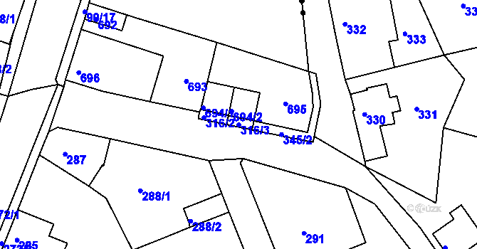 Parcela st. 316/3 v KÚ Boletice nad Labem, Katastrální mapa