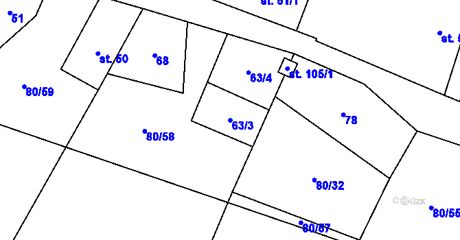 Parcela st. 63/3 v KÚ Bor, Katastrální mapa
