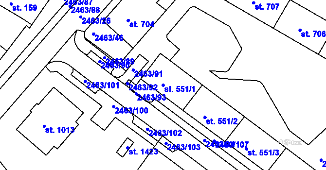 Parcela st. 551/1 v KÚ Bor u Tachova, Katastrální mapa