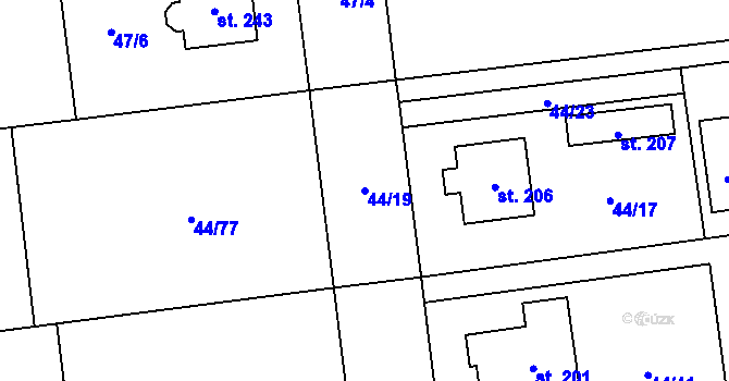 Parcela st. 44/19 v KÚ Borek nad Labem, Katastrální mapa