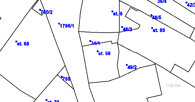 Parcela st. 58 v KÚ Borkovice, Katastrální mapa