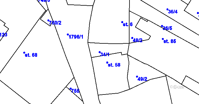 Parcela st. 34/1 v KÚ Borkovice, Katastrální mapa