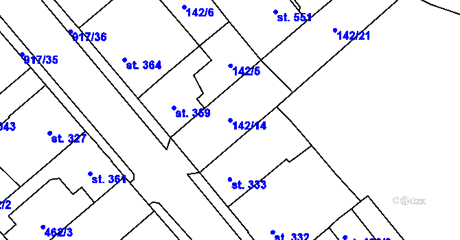 Parcela st. 142/14 v KÚ Borohrádek, Katastrální mapa
