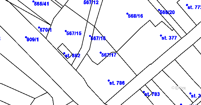Parcela st. 567/17 v KÚ Borohrádek, Katastrální mapa