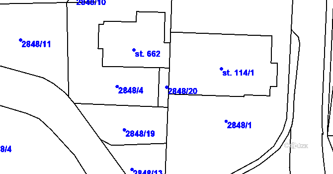 Parcela st. 2848/20 v KÚ Borovany, Katastrální mapa