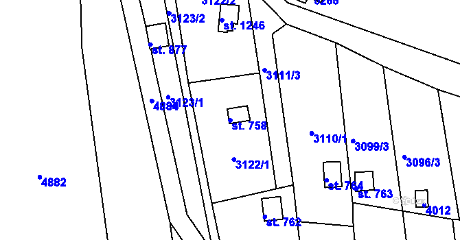 Parcela st. 758 v KÚ Borovany, Katastrální mapa