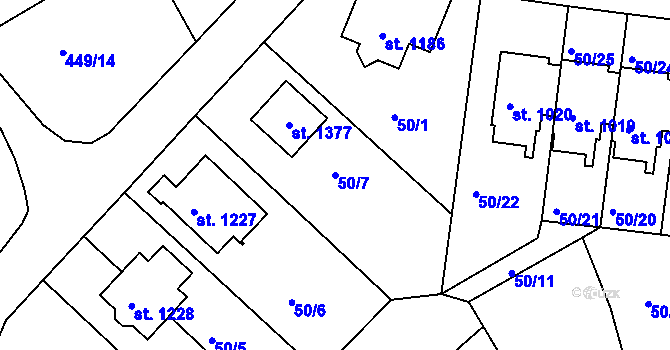 Parcela st. 50/7 v KÚ Borovany, Katastrální mapa