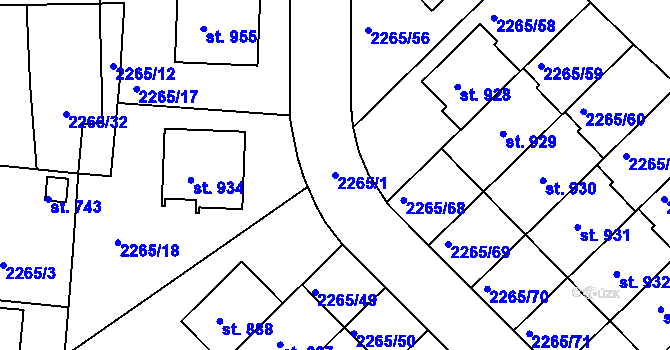 Parcela st. 2265/1 v KÚ Borovany, Katastrální mapa