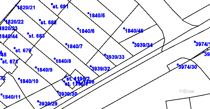 Parcela st. 3939/33 v KÚ Borovany, Katastrální mapa