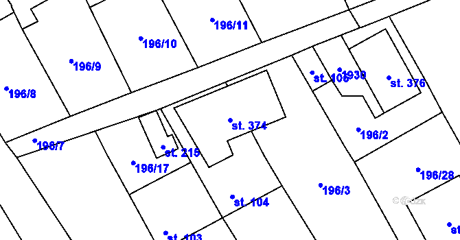 Parcela st. 374 v KÚ Hluboká u Borovan, Katastrální mapa