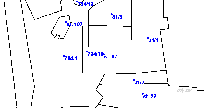 Parcela st. 67 v KÚ Borovany u Milevska, Katastrální mapa