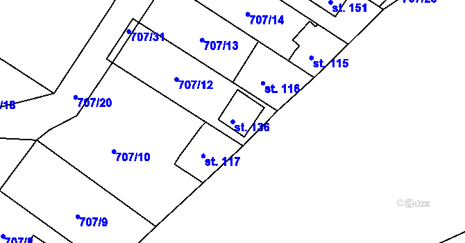 Parcela st. 136 v KÚ Borovy, Katastrální mapa