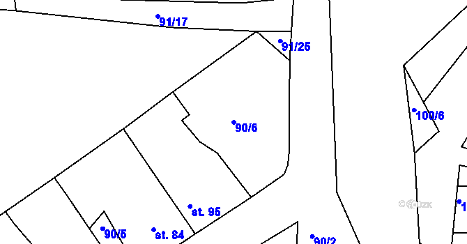 Parcela st. 90/6 v KÚ Borovy, Katastrální mapa