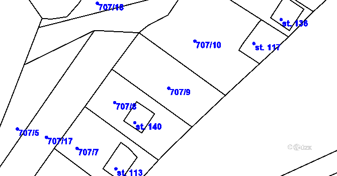 Parcela st. 707/9 v KÚ Borovy, Katastrální mapa