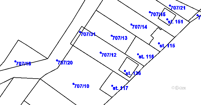 Parcela st. 707/12 v KÚ Borovy, Katastrální mapa