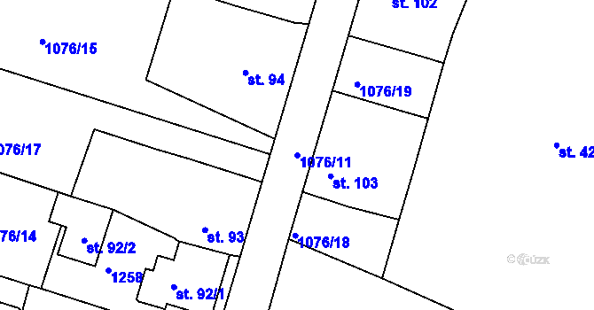Parcela st. 1076/11 v KÚ Borovy, Katastrální mapa