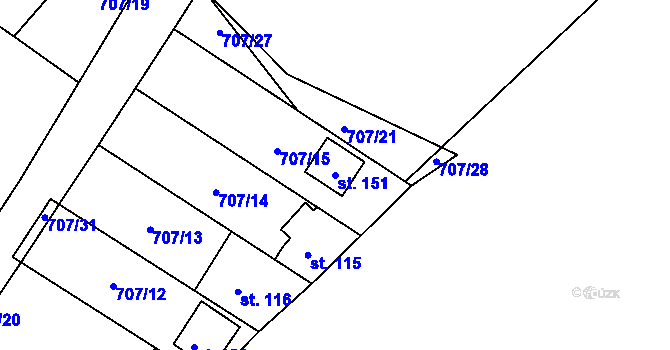 Parcela st. 151 v KÚ Borovy, Katastrální mapa