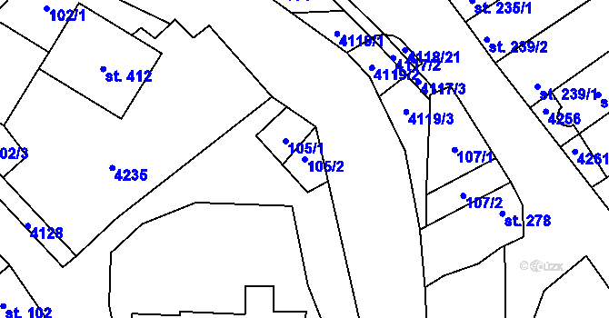 Parcela st. 105/2 v KÚ Boršice u Blatnice, Katastrální mapa