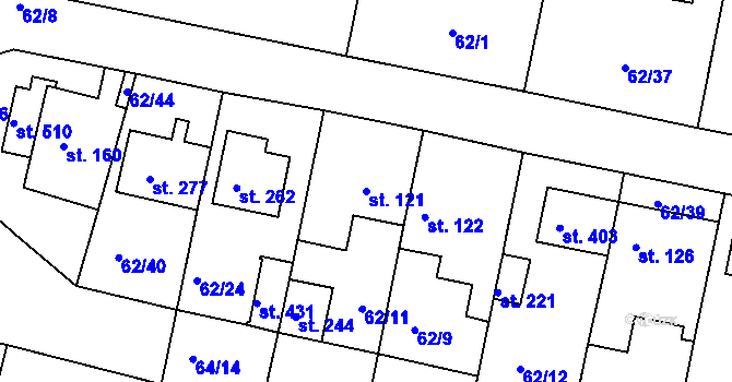 Parcela st. 121 v KÚ Bořanovice, Katastrální mapa