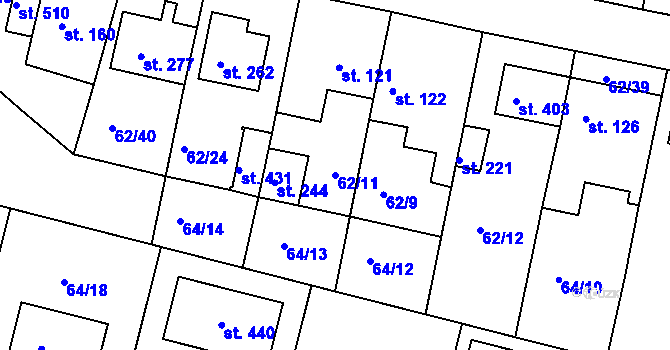 Parcela st. 62/11 v KÚ Bořanovice, Katastrální mapa