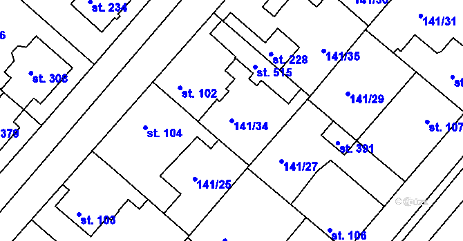 Parcela st. 141/34 v KÚ Bořanovice, Katastrální mapa