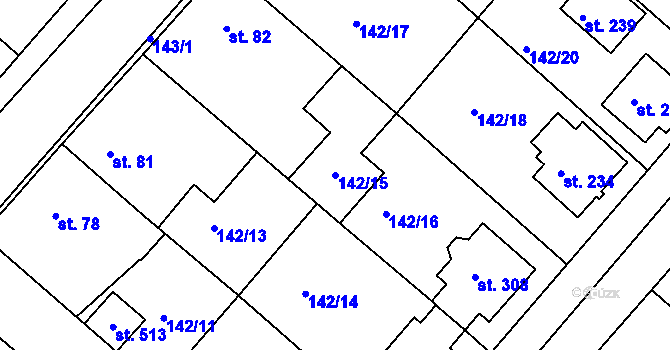 Parcela st. 142/15 v KÚ Bořanovice, Katastrální mapa