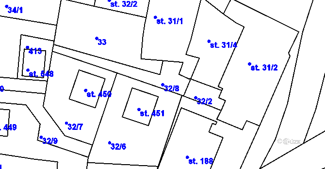 Parcela st. 32/8 v KÚ Bořanovice, Katastrální mapa