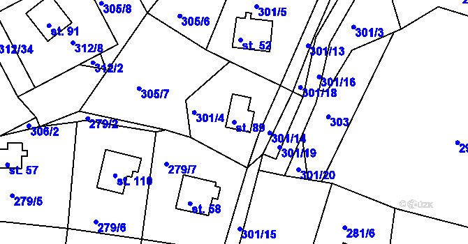 Parcela st. 89 v KÚ Boříkovy, Katastrální mapa