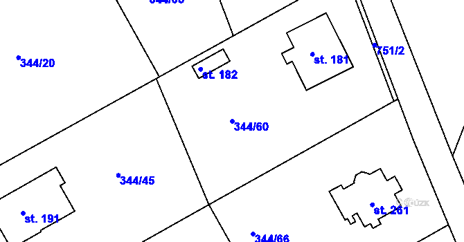 Parcela st. 344/60 v KÚ Boseň, Katastrální mapa
