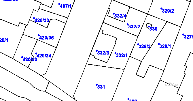 Parcela st. 332/3 v KÚ Boskovice, Katastrální mapa