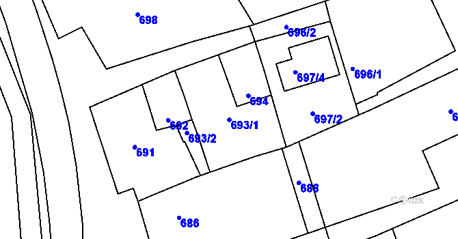 Parcela st. 693/1 v KÚ Bošovice, Katastrální mapa