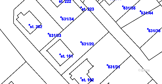 Parcela st. 631/20 v KÚ Bouzov, Katastrální mapa