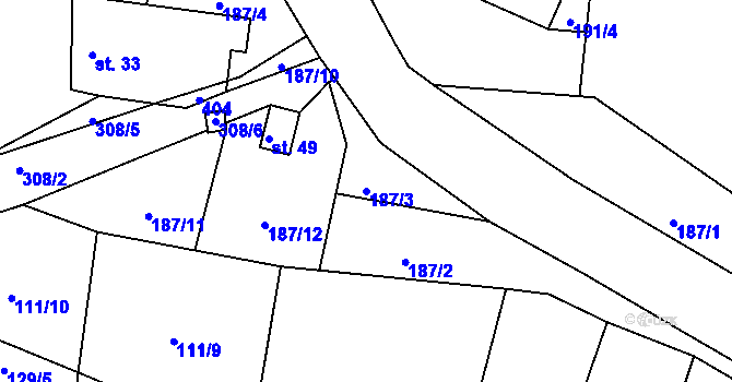 Parcela st. 187/3 v KÚ Hvozdečko, Katastrální mapa