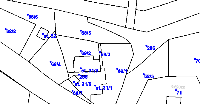 Parcela st. 69/3 v KÚ Jeřmaň, Katastrální mapa