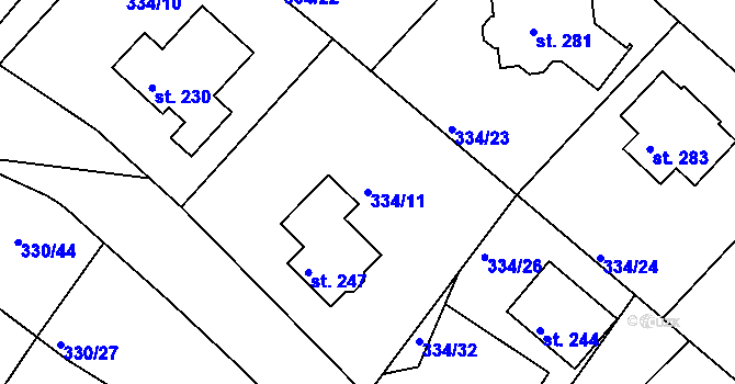 Parcela st. 334/11 v KÚ Bradlec, Katastrální mapa