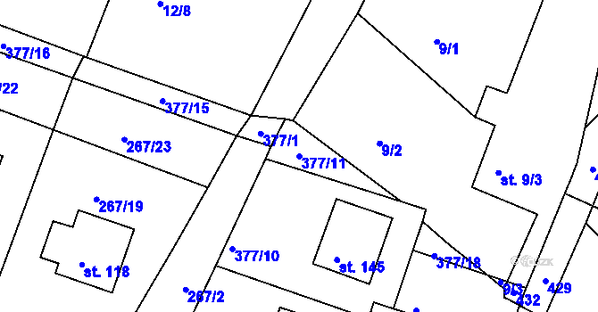 Parcela st. 377/11 v KÚ Bradlec, Katastrální mapa