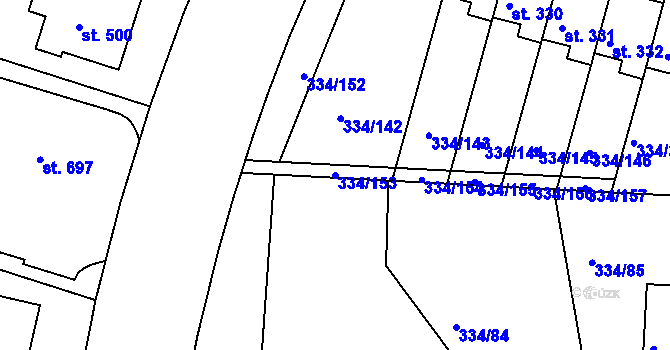 Parcela st. 334/153 v KÚ Bradlec, Katastrální mapa