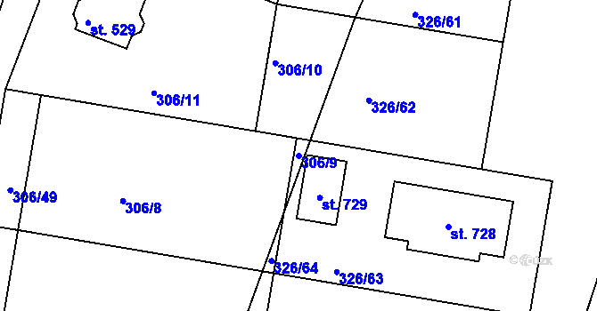 Parcela st. 306/9 v KÚ Bradlec, Katastrální mapa