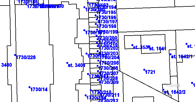 Parcela st. 1730/203 v KÚ Brandýs nad Labem, Katastrální mapa