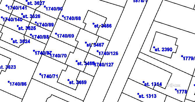 Parcela st. 1740/126 v KÚ Brandýs nad Labem, Katastrální mapa