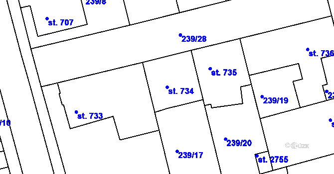 Parcela st. 734 v KÚ Brandýs nad Labem, Katastrální mapa