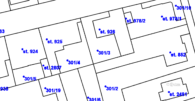 Parcela st. 301/3 v KÚ Brandýs nad Labem, Katastrální mapa